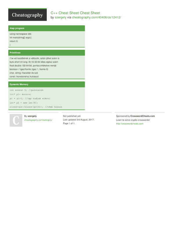 C++ Cheat Sheet Cheat Sheet by szergely - Download free from ...