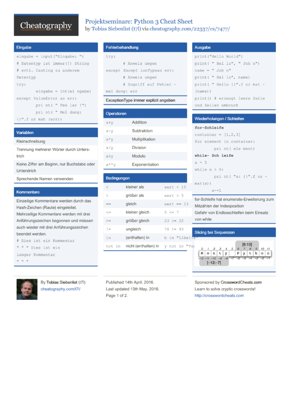 Projektseminare: Python 3 Cheat Sheet by t7l - Download free from ...