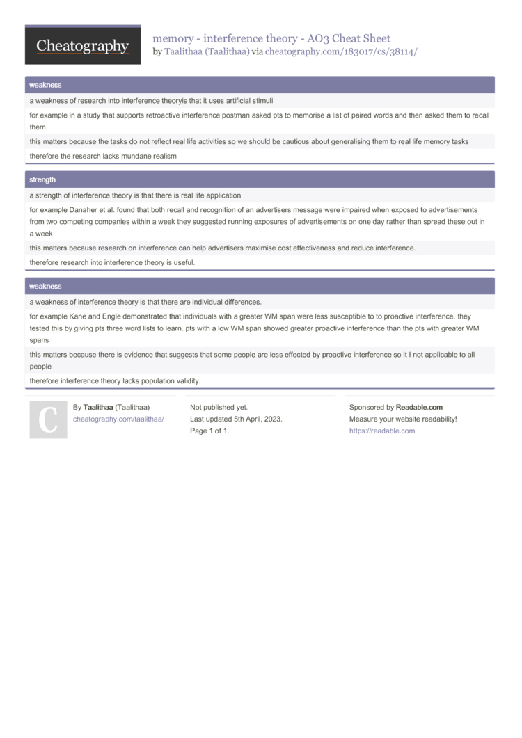 memory - interference theory - AO3 Cheat Sheet by Taalithaa - Download ...