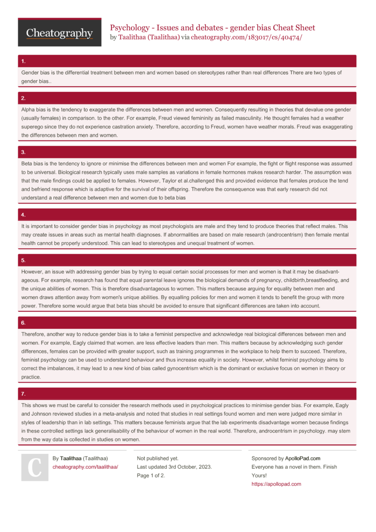 Psychology - Issues And Debates - Gender Bias Cheat Sheet By Taalithaa ...