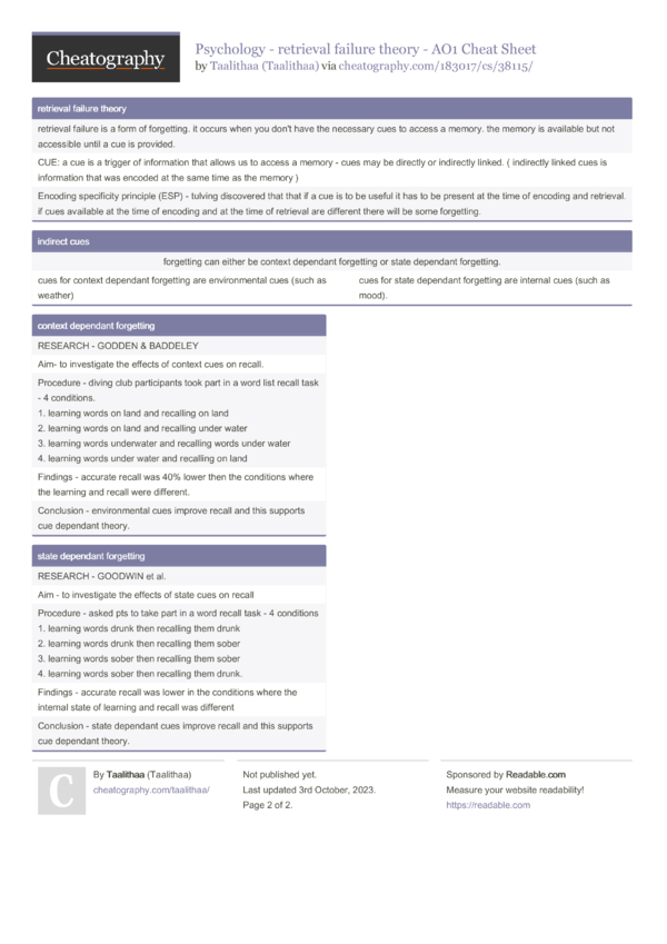 Psychology - retrieval failure theory - AO1 Cheat Sheet by Taalithaa ...