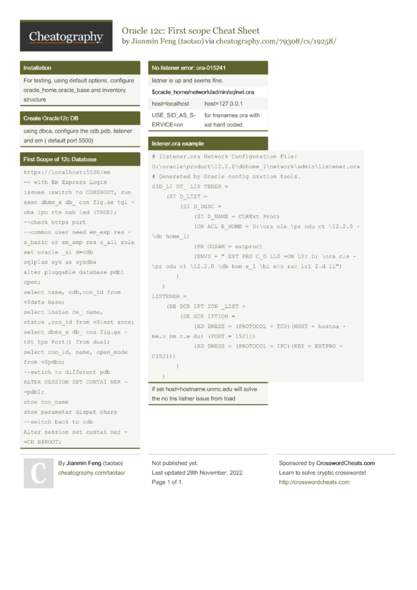 Oracle 12c: First scope Cheat Sheet by taotao - Download free from ...