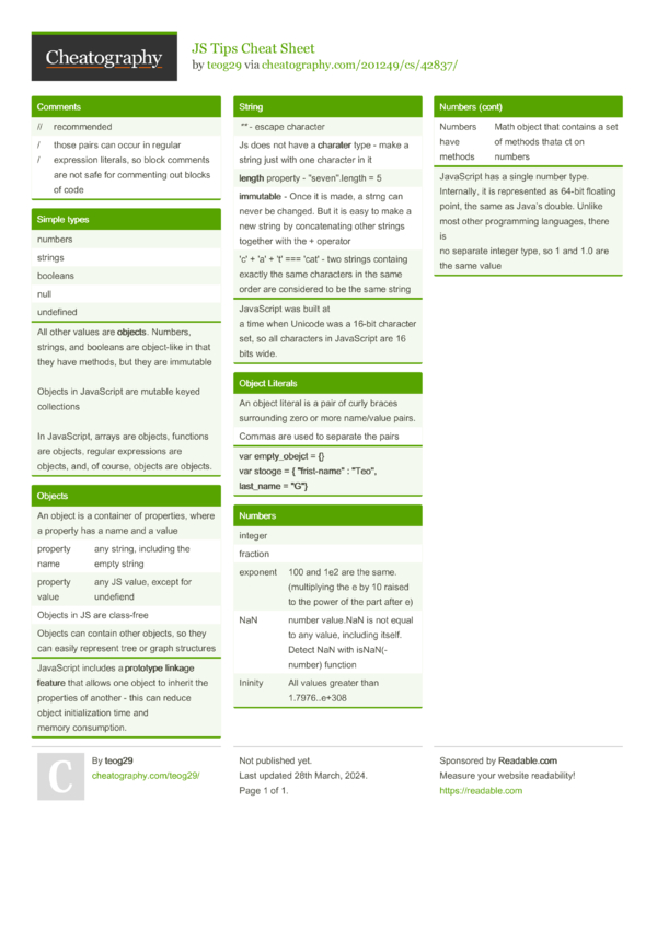 JS Tips Cheat Sheet by teog29 - Download free from Cheatography ...