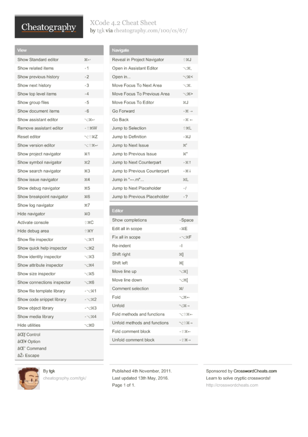 XCode 4.2 Cheat Sheet by tgk - Download free from Cheatography ...