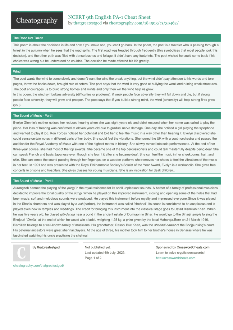 NCERT 9th English PA-1 Cheat Sheet by thatgreatestgod - Download 