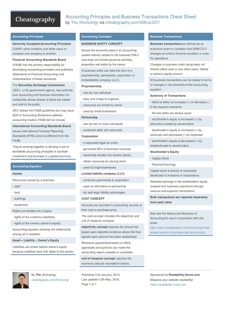 Accounting Principles and Business Transactions Cheat Sheet by thuhuong