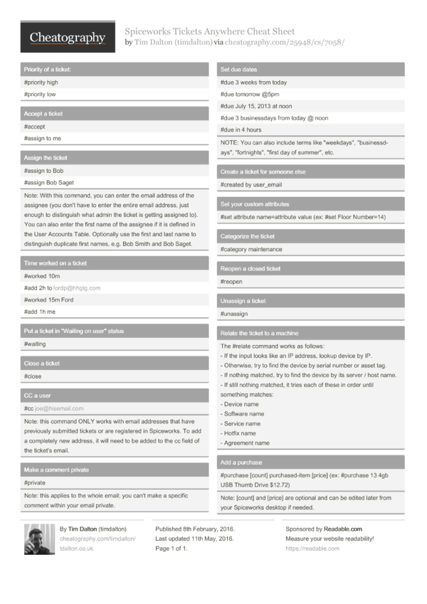 Spiceworks Tickets Anywhere Cheat Sheet By Timdalton Download Free 