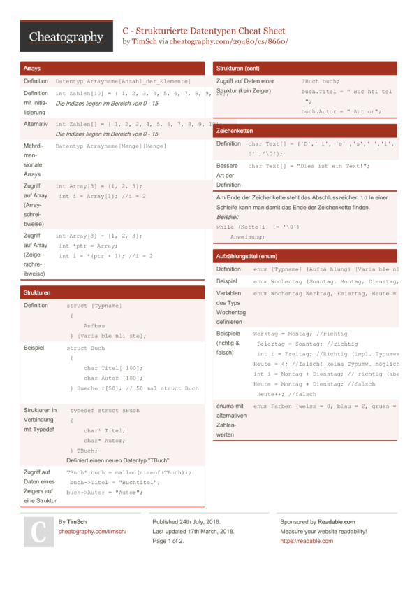 C - Strukturierte Datentypen Cheat Sheet by TimSch - Download free from ...