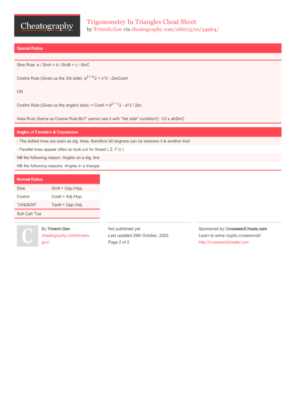 Trigonometry In Triangles Cheat Sheet By Trinesh Gov Download Free From Cheatography