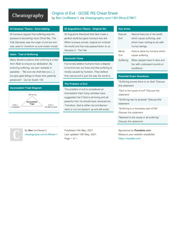 Origins of Evil GCSE RS Cheat Sheet by trufflewar1 Download free from Cheatography
