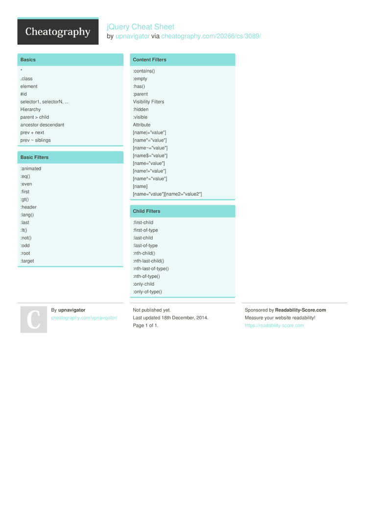 jQuery Cheat Sheet by upnavigator   Download free from ...