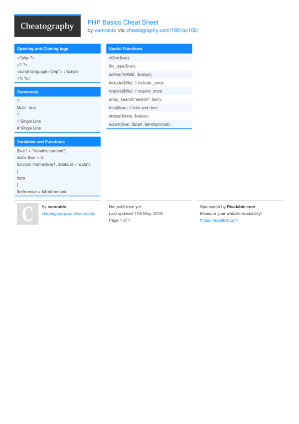 PHP Basics Cheat Sheet by vamraldo - Download free from Cheatography ...