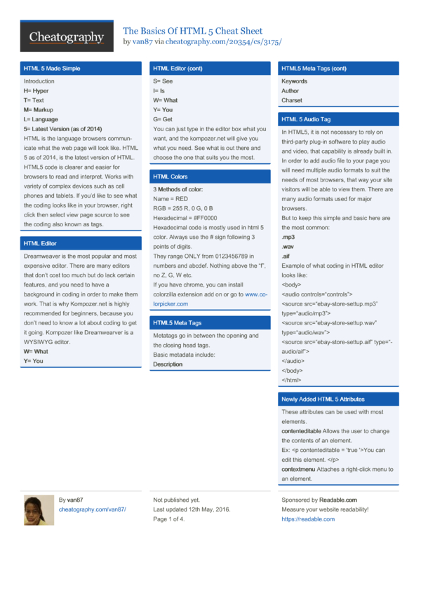 The Basics Of HTML 5 Cheat Sheet by van87 - Download free from ...