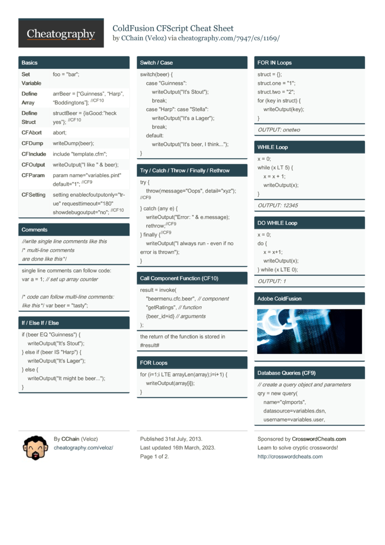 Coldfusion Cfscript Cheat Sheet By Veloz Download Free From Cheatography Cheatography Com Cheat Sheets For Every Occasion Coldfusion create spreadsheet from query