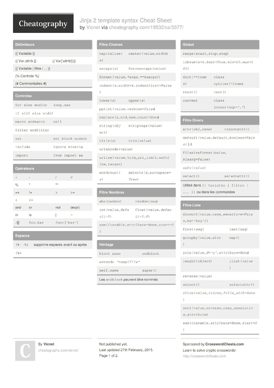 4 Jinja Cheat Sheets - Cheatography.com: Cheat Sheets For Every Occasion