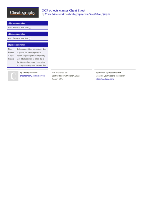 OOP objects classes Cheat Sheet by vincevdh - Download free from ...