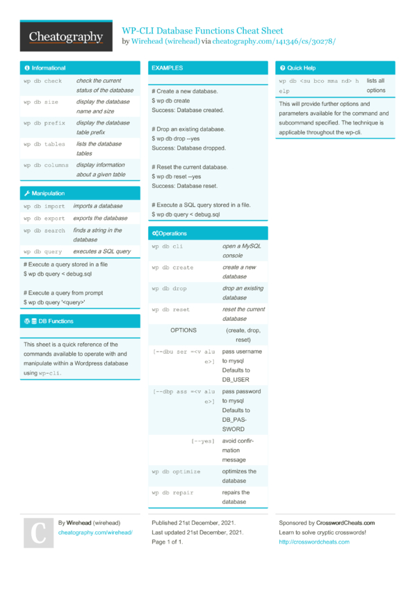 WP-CLI Database Functions Cheat Sheet by wirehead - Download free from ...