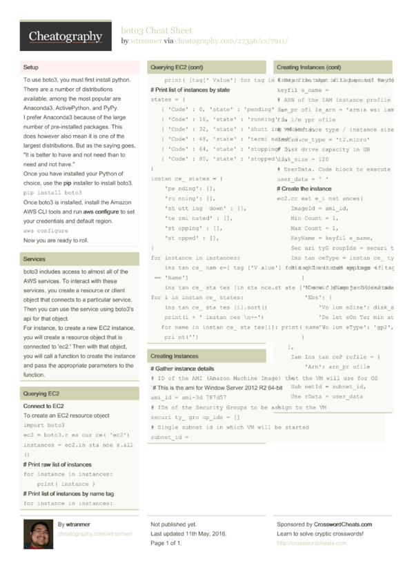 boto3 Cheat Sheet by wtranmer Download free from Cheatography