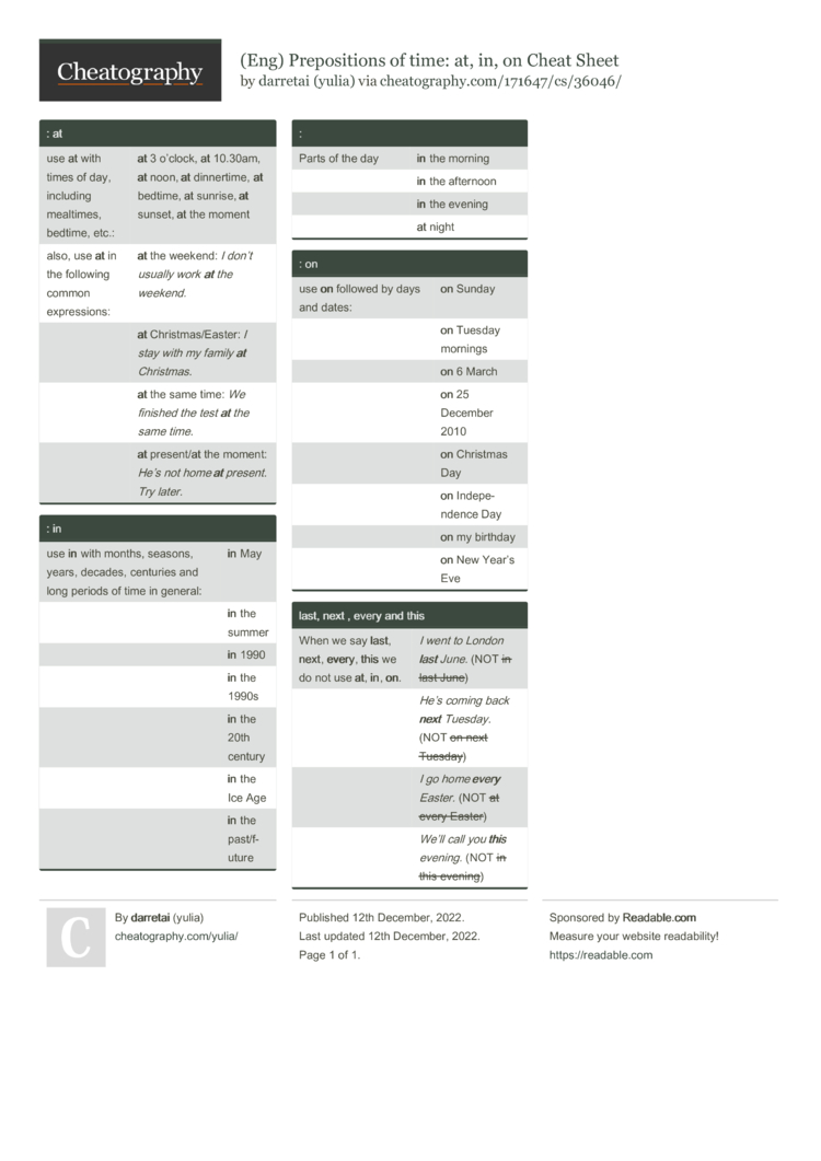 Eng) Prepositions of time: at, in, on Cheat Sheet by yulia