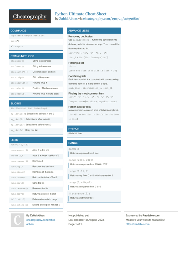 Python Ultimate Cheat Sheet by Zahid Abbas - Download free from ...