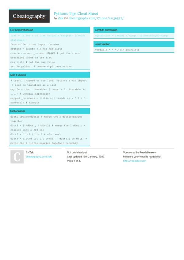 Pythons Tips Cheat Sheet by Zak - Download free from Cheatography ...