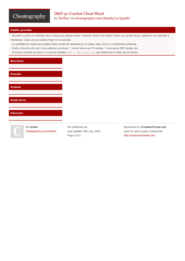 D&D 5e Combat Cheat Sheet by Zarthar Download free from Cheatography