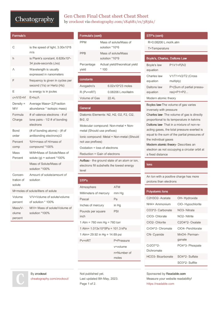 Gen Chem Final Cheat sheet Cheat Sheet by zrockout - Download free from ...